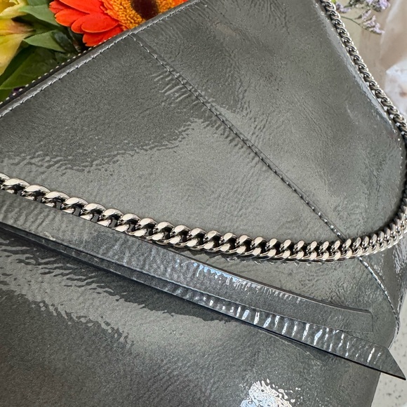 All Saints Glossy Grey Leather Eve Crossbody Bag with Silver Chain - Picture 7 of 8